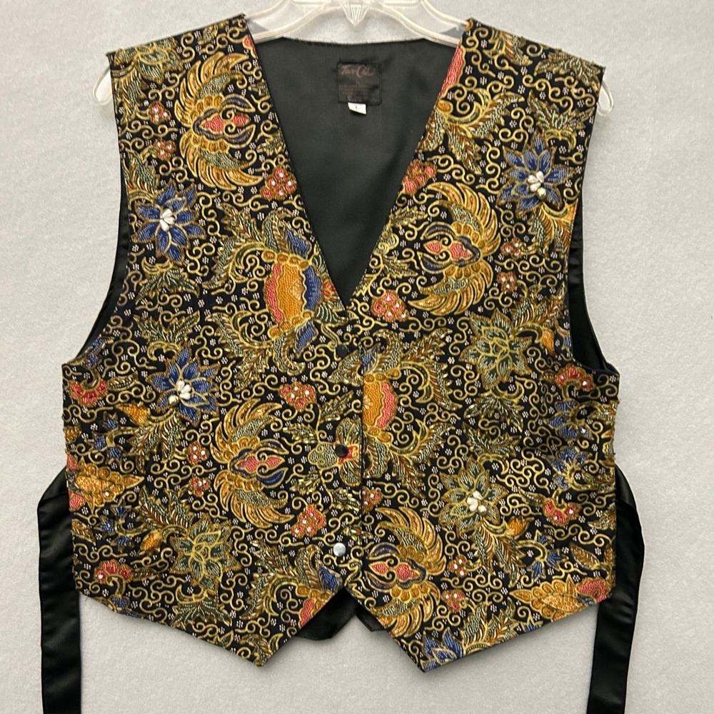 Tan-Chho Womens Large Beaded Vest Multicolor Vintage Boho Art to Wear Tie Back